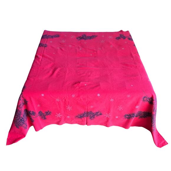 Vtg Christmas CALIFORNIA HAND PRINTS Tablecloth circa 1950s 60" x 52" Red silver - Picture 1 of 12